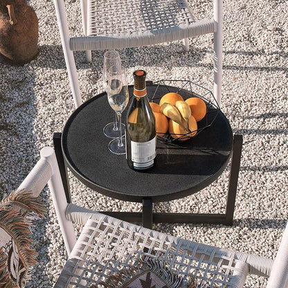COSIEST Small Round Outdoor Coffee Table Dark Grey, 12''Hx31.5'''All-Weather Concrete Top Patio End Table W Metal Frame for Garden, Balcony and Living Room