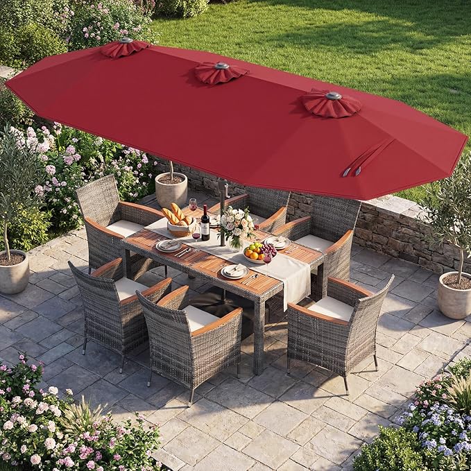 Tangkula 9 Piece Rattan Outdoor Dining Set with 13Ft Umbrella for 6, Outdoor Wicker Table Set with 6 Cushioned Armchairs, Acacia Wood Top, Outdoor Umbrella & with Base Included
