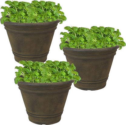 Sunnydaze 20-Inch Franklin Large Plant Pot - Polyresin Round Outdoor Planter with Drillable Drainage Hole - 3 Pack - Sable
