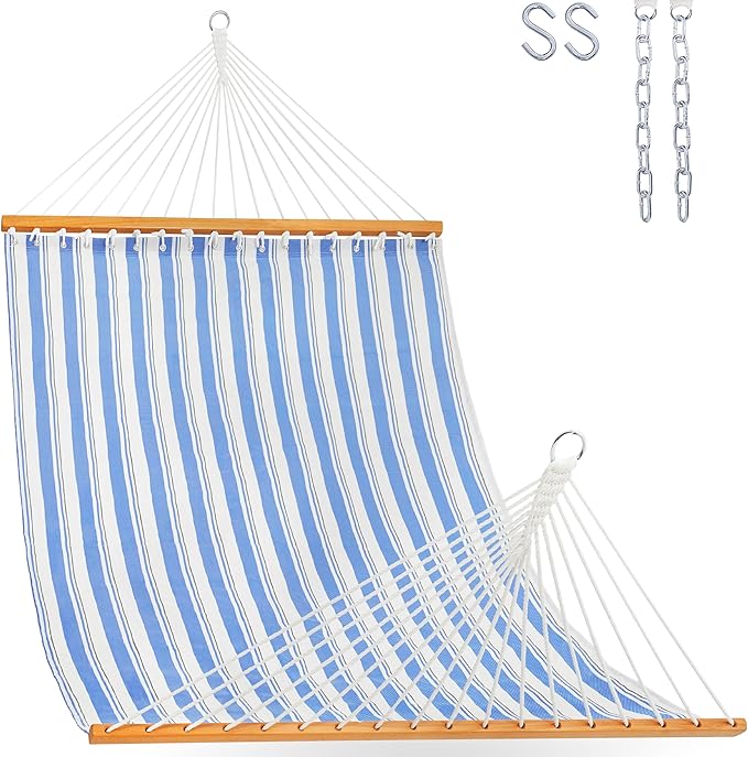 Lazy Daze Hammocks Quick Dry Hammock with Spreader Bar Textliene Fabric Double 2 Person Hammock with Chains Outdoor Patio Poolside Backyard Beach 450 lbs Capacity, Blue Stripes