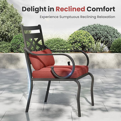 PHI VILLA 9 Pieces Outdoor Dining Set for 8, 60" Square Black Metal Table with Umbrella Hole & Wrought Iron Chairs, All Weather Outside Furniture with Red Cushions & Pillows for Patio, Deck, Porch