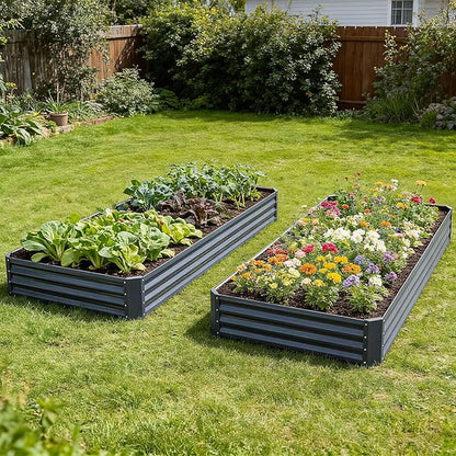 INNO STAGE 2 Pcs 8×4×1ft Galvanized Raised Garden Bed Kit, Galvanized Planter Raised Garden Boxes Outdoor, Large Metal Raised Garden Beds for Vegetables, Flowers, Herbs, and Succulents, Grey