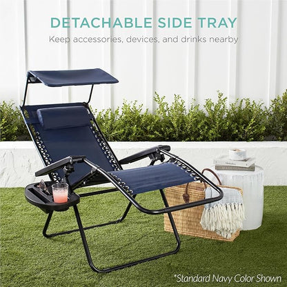 Best Choice Products 30” Wide Folding Zero Gravity Outdoor Recliner Patio Lounge Chair w/Adjustable Canopy Shade, Headrest, Side Accessory Tray - Ice Gray