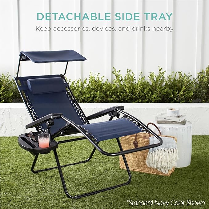 Best Choice Products 30” Wide Folding Zero Gravity Outdoor Recliner Patio Lounge Chair w/Adjustable Canopy Shade, Headrest, Side Accessory Tray - Sage Green