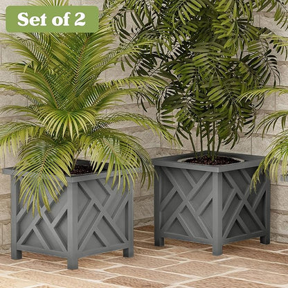 Lattice Design Outdoor Planter Box 2-Pack - 14.75” Square 13” Tall Gray Decorative Plant Pots for Front Porch Decor - Flower Pots Outdoor Planters for Porch Patio or Garden Decor by Pure Garden