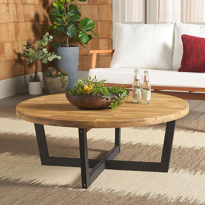 SAFAVIEH Outdoor Collection Leo Natural/Black 4-Leg Round Coffee Table, Ideal for Deck, Patio, Backyard, Sunroom