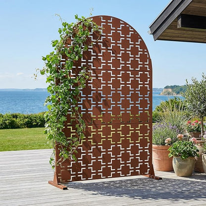 Casaphoria 72" H x 47" W Arched Metal Privacy Screen - Elegant Freestanding Outdoor Screen for Deck, Patio & Balcony - Versatile Decorative Privacy Panels for Home & Garden Use (Brown-Square)
