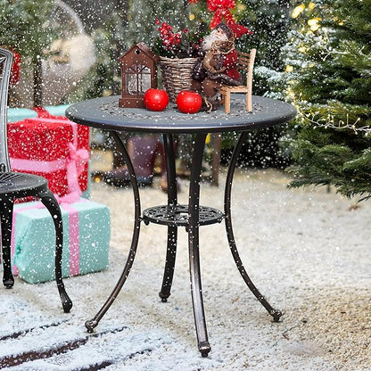 DWVO 25 Inches Round Patio Dining Table with Umbrella Hole, Antique Cast Aluminum Outdoor Bistro Table Outdoor Side Table for Backyard, Garden, Patio, Porch, Hammered Bronze