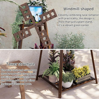 COPREE 3-Tier Tower Plant Stand Display Rack with Windmill Top,Bamboo Vintage Flower Pot Holder Shelf for Patio Balcony Decoration