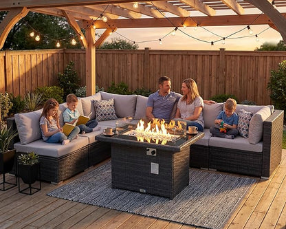 NICESOUL High-End Outdoor Patio Furniture Set with Natural Gas/Propane Firepits, 7 Piece Large Wicker Sectional Couches with Fire Table, 29.3'' High Back Deep Seating Comfy Conversation Sofas, Gray
