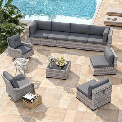 8-Seat Modern Patio Furniture Set with Swivel Rocking Chairs, Thick 4″ Cushions, Dual-Strand Wicker Rattan, Rust-Resistant Steel Frame – Outdoor Conversation & Modular Sectional,Black