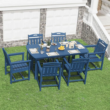 HDPE Outdoor Patio Dining Set with Table & 6 Chairs, All-Weather 7-Piece Outdoor Table and Chairs, 2" Umbrella Hole, Patio Furniture for Garden, Backyard, Deck | Navy Blue