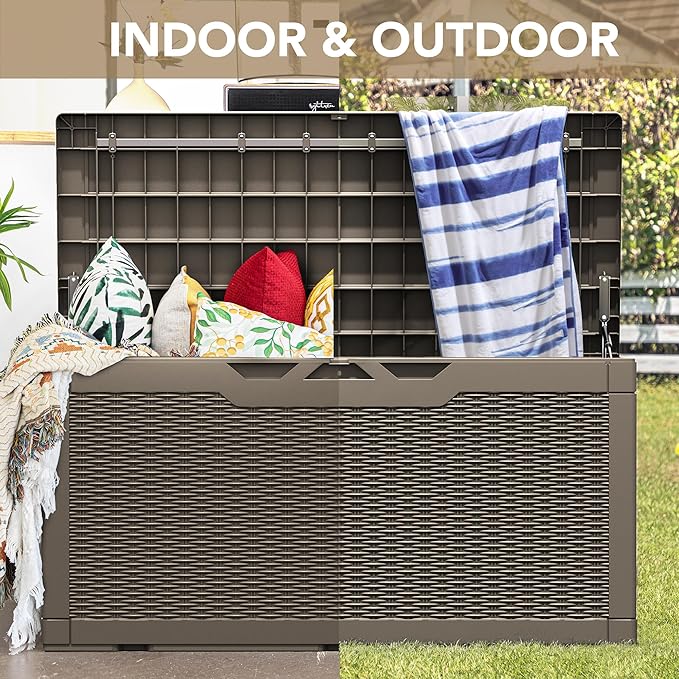 Deck Box, 100 Gallon Resin Lockable Light Brown