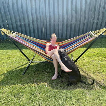 SZHLUX Double Hammock with Stand for Outside 450lb Capacity Steel Stand, Premium Carry Bag Included and Two Anti Roll Balance Beam