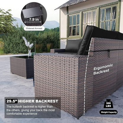 Kullavik 13PCS Outdoor Patio Furniture Set with 43" 55000BTU Gas Propane Fire Pit Table PE Wicker Rattan Sectional Sofa Patio Conversation Sets,Black