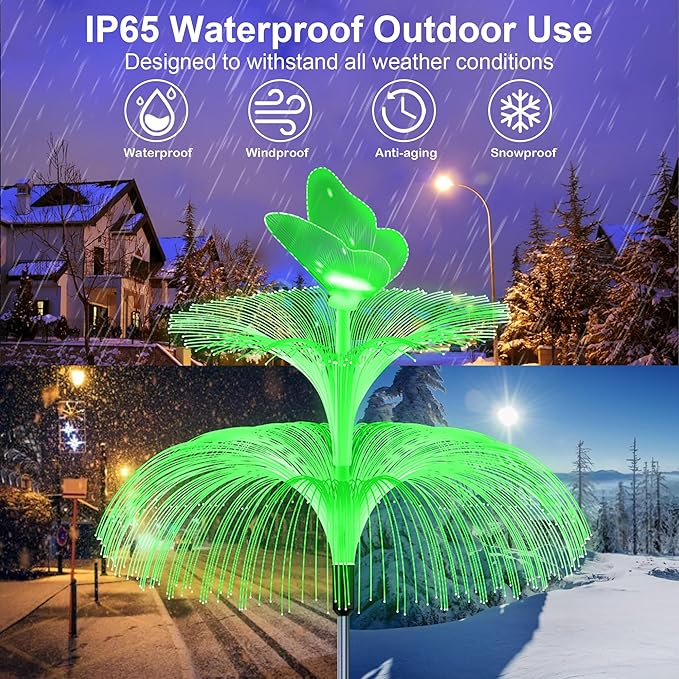 Solar Garden Lights, Gardening Birthday Gifts for Mom Grandma Women, Waterproof 7 Color Changing Jellyfish Light with Butterfly, 2 Pack Solar Flower Lights for Outdoor Pathway Yard Garden Decor