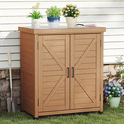 Outdoor Storage Cabinet & Potting Bench Table with Metal Top, Wooden Patio Furniture, Garden Workstation (Light Brwon, 36x31x17in)