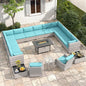 14-Seat Outdoor Wicker Patio Furniture Set with Fire Pit Table, Modular Rattan Sectional Sofa & 2 Swivel Rocking Chairs, 4" Thick Cushions, Rust-Resistant Frame,Blue