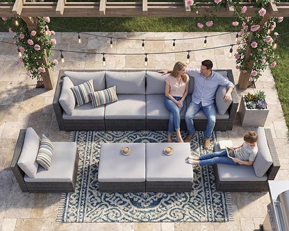 NICESOUL 8 Person Outdoor Patio Furniture Set, Extra Large Wicker Sectional Sofa with Ottoman, All-Weather Wide and Deep Seating Conversations for Outside Garden, 29.3'' High Back Comfy Couches,Grey