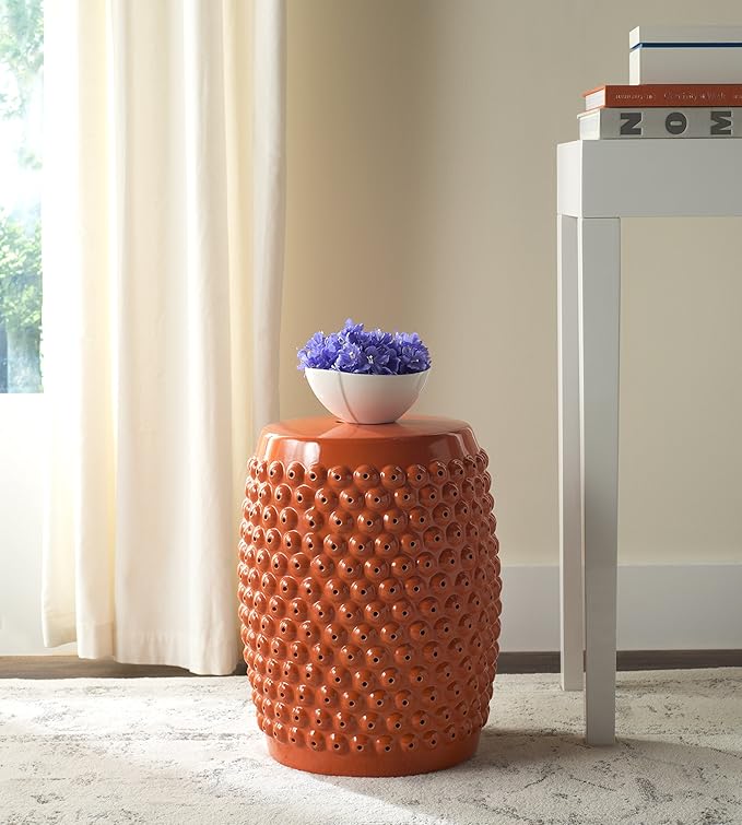 Decorative Garden Stool in Orange Ceramic, 18-Inch Tall Accent Seat