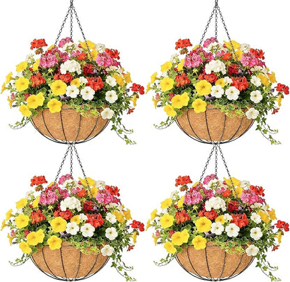 4 Pack 8 Inch Hanging Baskets for Plants Outdoor Metal Hanging Planter Hanging Flower Baskets with Coco Fiber Liners Chain Round Wire Plant Holder Hanging Flower Pots(Watermelon)