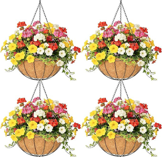 4 Pack 8 Inch Hanging Baskets for Plants Outdoor Metal Hanging Planter Hanging Flower Baskets with Coco Fiber Liners Chain Round Wire Plant Holder Hanging Flower Pots(Watermelon)