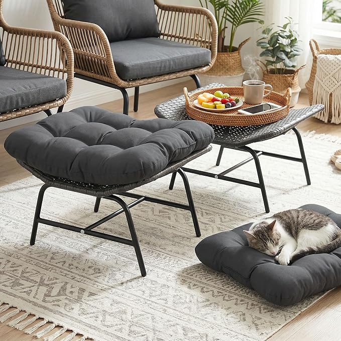 NICESOUL Indoor Outdoor Ottoman Set of 2, Large Wide Double Patio Footstool, PE Rattan Thicken Cushioned Footrest, All-Weather Wicker Furniture for Balcony, Porch, Living Room, Egg Chair, Grey