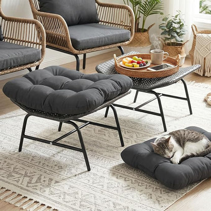 NICESOUL Indoor Outdoor Ottoman Set of 2, Large Wide Double Patio Footstool, PE Rattan Thicken Cushioned Footrest, All-Weather Wicker Furniture for Balcony, Porch, Living Room, Egg Chair, Grey
