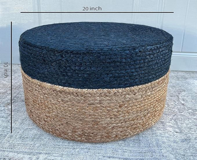 S & L Homes Pouf Ottoman - 100% Jute Braided Footrest Pouf Hand Knitted Traditional Cord Boho Pouffe for Living Room, Bedroom, Nursery, Patio, Lounge Colorblock - Natural Navy (20”x20”x10”)
