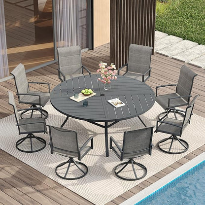 VICLLAX Round Patio Table with Adjustable Umbrella Hole for 8, All Weather Metal Outdoor Dining Table for Lawn Garden, 59.8" Outdoor Coffee Table, Grey Tabletop