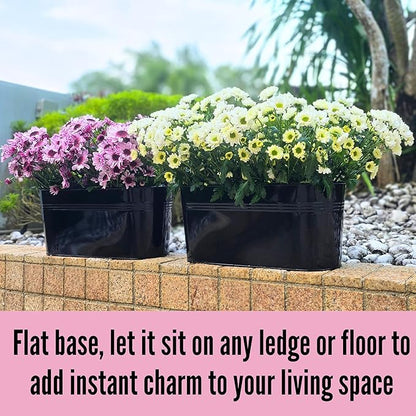 LaLaGreen Outdoor Plants Rail Planter (16 Inch, 2 Pack) Black Metal Iron Hanging Flower Oval Pots Railings Fence Buckets Modern Boho Style Wall Mount Window Boxes Plant Holder Hooks Porch Home Decor