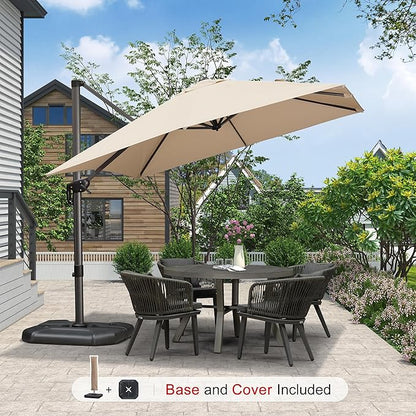 PURPLE LEAF 9'×9' Patio Umbrella with Base Outdoor Cantilever Umbrella with Cover Aluminum Square Offset Umbrella with 360-degree Rotation for Deck Pool Garden Beige