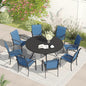 VICLLAX Patio Dining Set for 8, Outdoor Furniture Set Includes 53" Round Patio Table and 8 Patio Sling Chairs, Black Tabletop and Blue Fabric