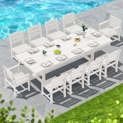 SERWALL 11 Piece Outdoor Dining Set, 84" HDPE Outdoor Table and Chairs for 10，All Weather Patio Furniture Set with Umbrella Hole for Backyard, Garden, White