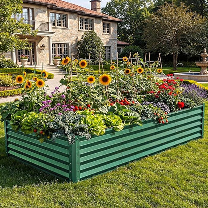 YITAHOME 8x4x1.5ft Large Raised Garden Bed Kit, Galvanized Metal Planter Box with Gloves, Ground Nails & Safety Rubber, Outdoor Above Ground Planters for Plants Vegetables Flowers, Green