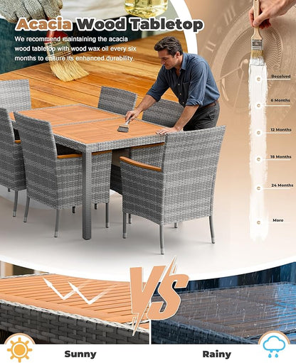 Flamaker 7 Piece Patio Dining Set Outdoor Acacia Wood Table and Chairs with Soft Cushions Wicker Patio Furniture for Deck, Backyard, Garden (Grey)