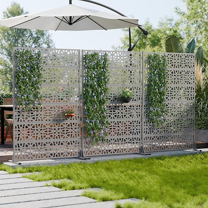 Casaphoria Metal Privacy Screen Outdoor, 72" H x 47" W Freestanding Decorative Privacy Screen for Patio Deck Balcony Garden with Stable Base, Grey-Perilla