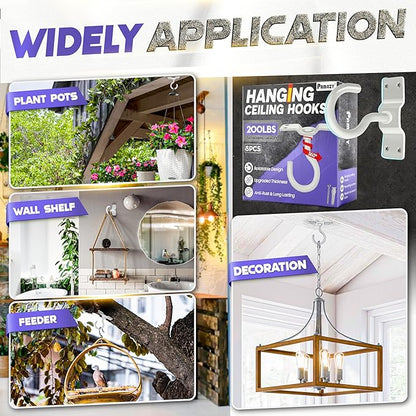 [UPGRADED] 200LBS 8Pcs Rotatable Ceiling Hooks with 4 Screw Points Plate Base, White Wall Mount Metal Hanger for Hanging Plants, Bird Feeders, Lanterns, Lights, Wind Chimes, Indoor Outdoor Decor