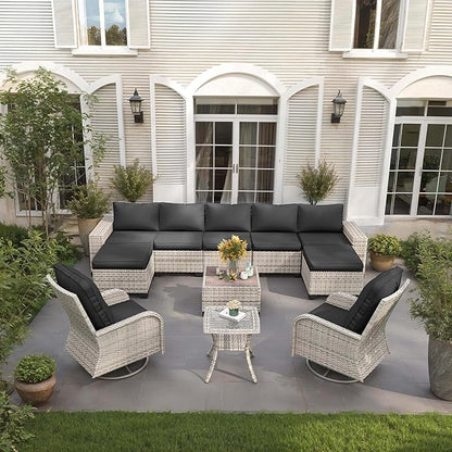 11-Piece Outdoor Patio Furniture Set with Rocking Swivel Chair Wicker Sectional Sofa Set, Patio Conversation Set with Ottomans & Coffee Table for Garden, Backyard, Poolside, Dark Grey