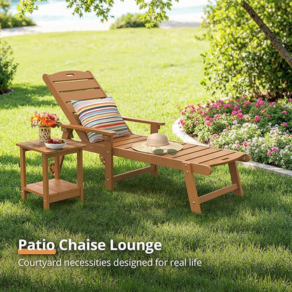 LUE BONA Chaise Lounge Chairs Set with Table, 3-Piece, 79'' Oversized HDPS Chaise Lounger, 5 Positions Adjustable Lounge Chairs, Pool Lounge Chair with Wheels for Poolside, 3 Year Warranty, Teak Color
