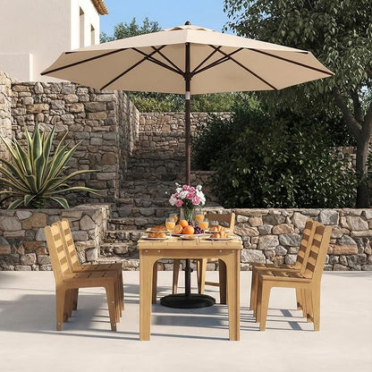 HDPE Patio Dining Set for 6, Weather-Resistant Outdoor Table with Umbrella Hole, Never Sagging One-Piece Tabletop with Metal Support Bars for Poolside Backyard Garden (Teak Color)