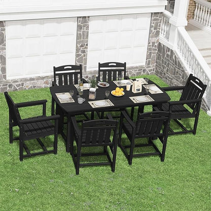 HDPE Outdoor Dining Set, Patio Table and Chairs Set, All-Weather 7-Piece Outside Table and 6 Chairs, 2" Umbrella Hole, Outdoor Furniture for Garden, Poolside, Backyard, Deck | Black