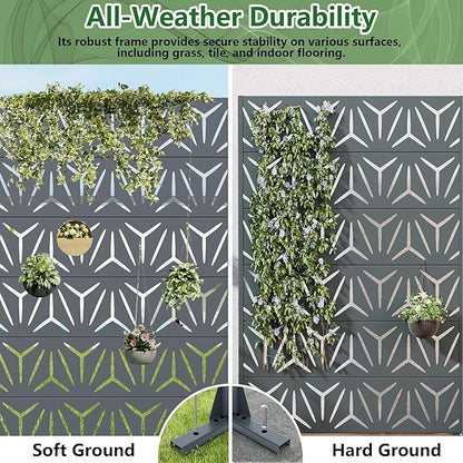Casaphoria Metal Privacy Screen Outdoor, 72" H x 47" W Freestanding Decorative Privacy Screen for Patio Deck Balcony Garden with Stable Base, Grey-Star