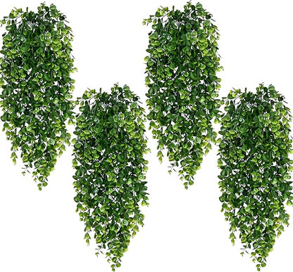 Waipfaru 4Pcs Fake Hanging Plants 2.7ft Fake Plants Eucalyptus Leaves UV Resistant Fake Vines Ivy Artificial Plants Outdoor Faux Plants Indoor Bedroom Living Room Boho Wall Porch Shelf Decor