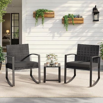 3 Pieces Patio Furniture Set Rocking Bistro Set, Outdoor Patio Furniture Set with Coffee Table for Garden Balcony Backyard Poolside (Black Cushion)