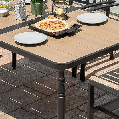 NUU GARDEN Patio Dining Table for 6, 61” x 37” Large Rectangle Metal Table with Wood-Grain Tabletop, Outdoor Table with 2.1” Umbrella Hole for Backyard, Lawn, Garden, Black