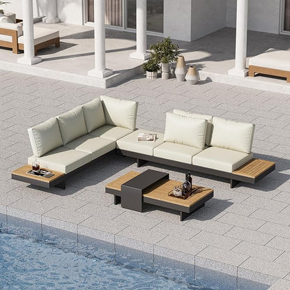 homary 6 Piece Aluminum & Teak Outdoor Sofa Set, Patio Sofa Seat L-Shaped Outdoor Sectional Sofa Set with Adjustable Backrests, Waterproof, Fade Resistant Cushions Ideal for Patios & Balconies,Beige