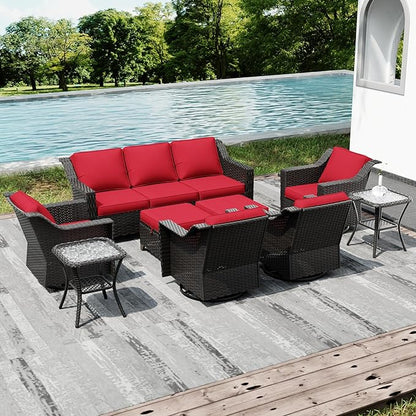 Joyside Wicker Patio Furniture Sets, 9 Pieces Upgraded Large Size Outdoor Furniture with 4 Swivel Rocking Patio Chairs, 3-Seat Sofa, Outdoor Ottoman, Thick Cushions, Wide Armrest, Red