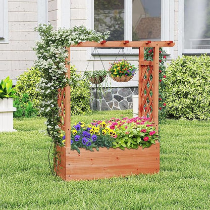 Giantex Set of 2 Raised Garden Bed with 2-Sided Trellis & Hanging Roof, Fir Wood Planter Box w/Drainage Holes, Freestanding Garden Planter for Flowers Herbs Climbing Vines (43"x15"x45")