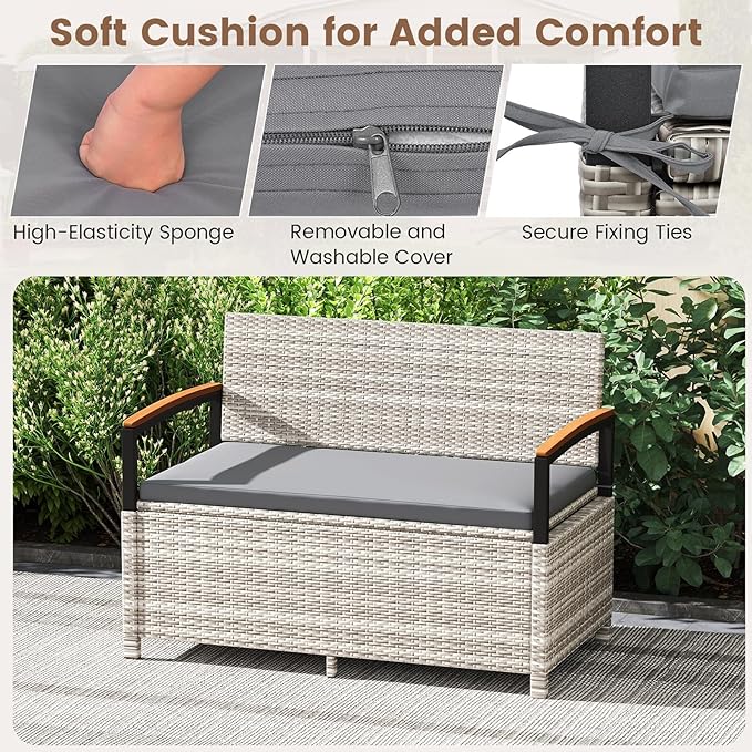 Outdoor Storage Bench with 46-Gallon Capacity and Grey PE Rattan Frame